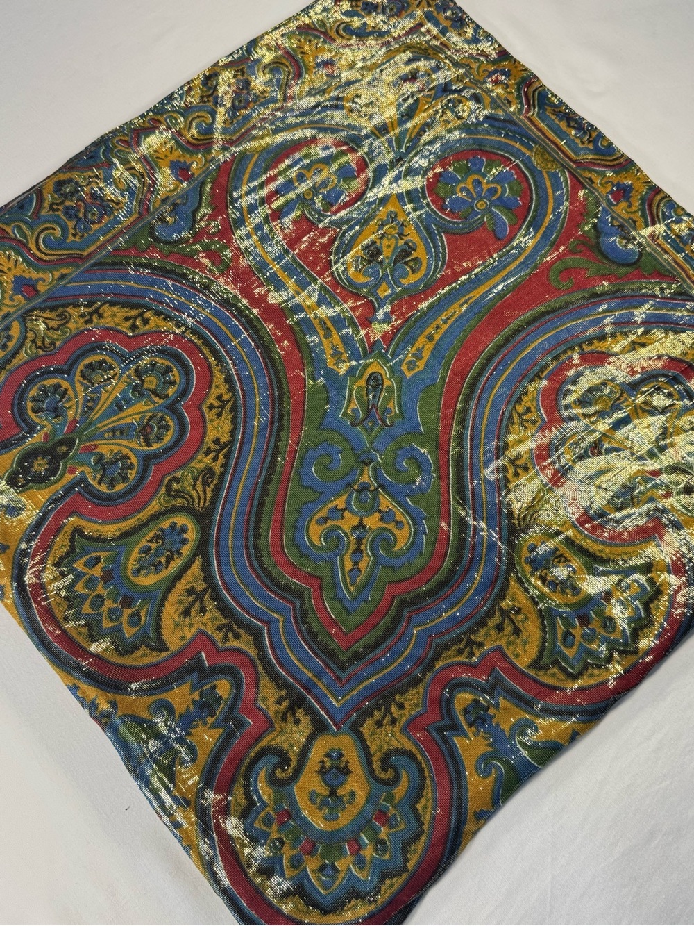 Vintage Paisley Metallic Gold Lamé Square Scarf Shawl Wrap 70s 80s Boho